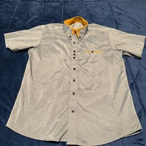 Blue Gray Shirt with Yellow Accents